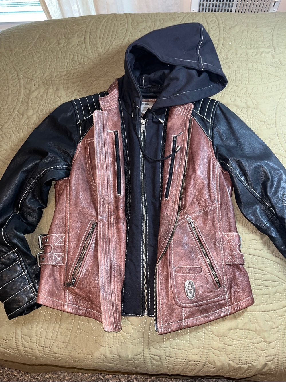 HARLEY DAVIDSON Ladies 3in1 Brown/Black Leather Moto Jacket Embroidered PERFECT - Picture 5 of 10